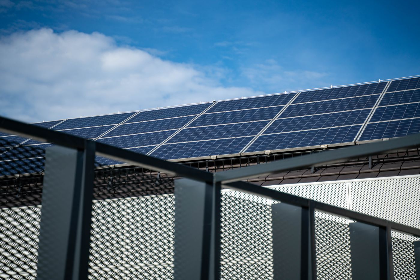 Close-up of solar panels under a clear sky
